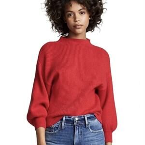 Line and Dot Funnel Neck Balloon Sleeve Solid Red Sweater Size XS